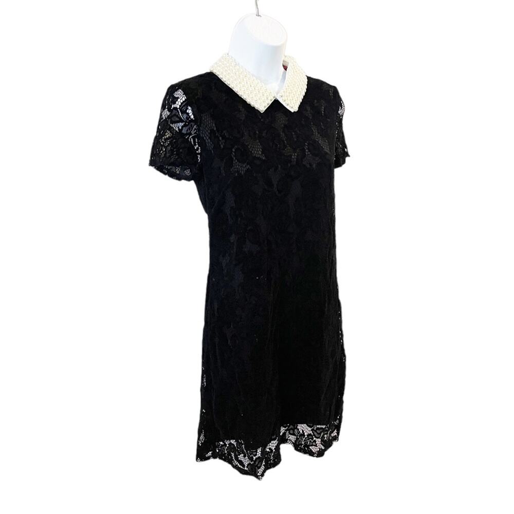 Betsey Johnson Faux Pearl Collared Black Velvet Lace Dress Size 2 - Picture 3 of 13